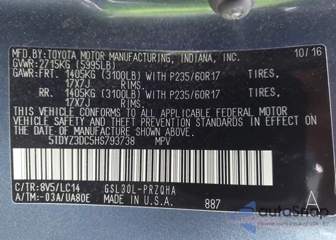 2017 Toyota Sienna Xle Premium 8 Passenger from USA, damaged, VIN 5TDYZ3DC5HS793738